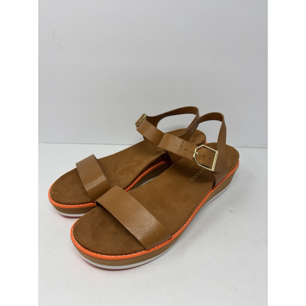 Cole Haan Women's Original Grand Flatform Wedge Sandal Tan w/ Orange Accent 10B